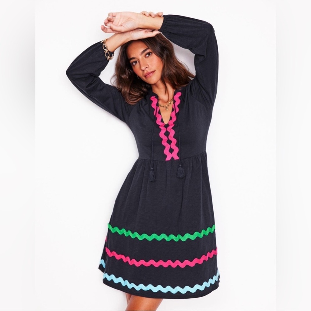 Boden Navy Corinna Colorful Ric Rac Trim Tassel Tie Cotton Dress 10